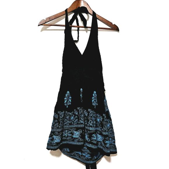 Lia Lee Y2K Babydoll Halter Top Black Blue Floral Embroidered Ruched Waist - Picture 1 of 5